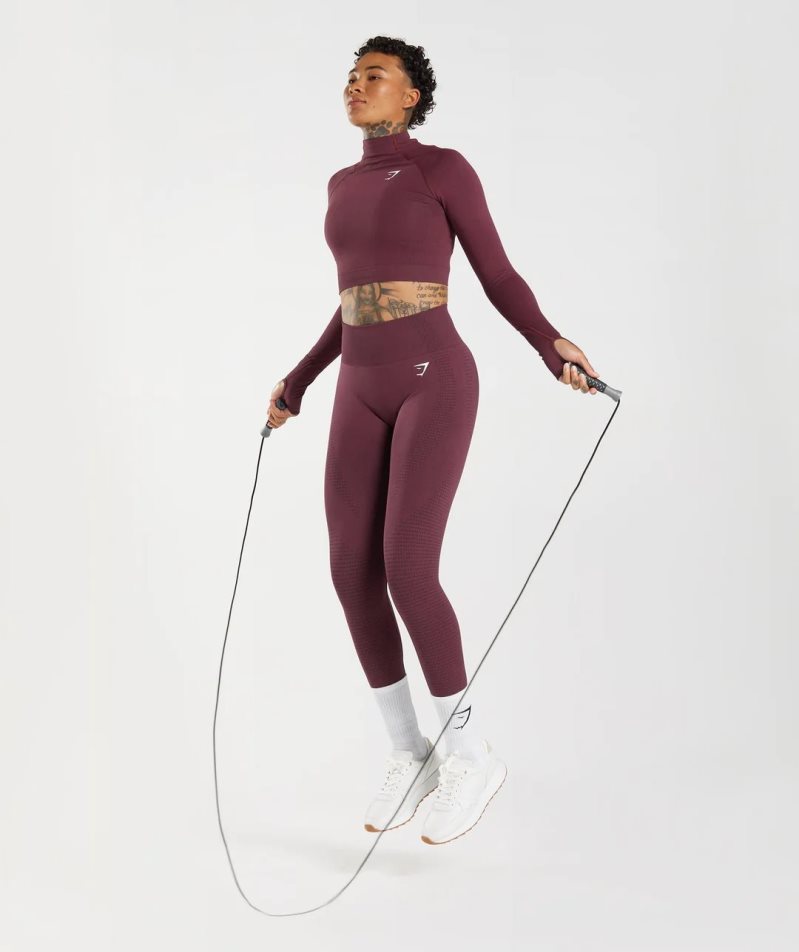 Women's Gymshark Vital Seamless 2.0 High Neck Midi Cropped Tops Burgundy | CA 756DA0